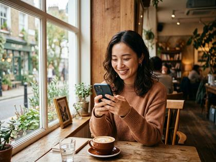 スマホを見て微笑む20代女性。カフェの窓際で柔らかい光が差し込む雰囲気。800×600