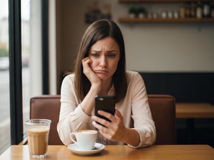 スマホを見ながら少し困った表情でカフェに座る女性、テーブルにはコーヒー