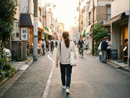 朝の街を前向きに歩く女性の後ろ姿
