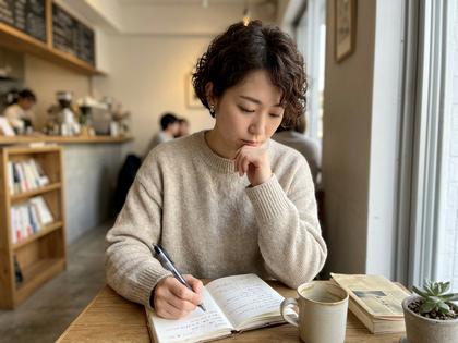 ノートに何かを書き込みながら考え事をする女性