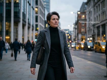 凛とした表情で街中を歩くショートヘアの大人の女性のポートレート
