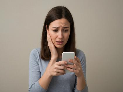 スマホを片手に不安そうな表情で出会い系アプリを操作する20代女性