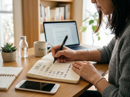 ノートにチェックリストを書き込んで対策をまとめている女性の手元
