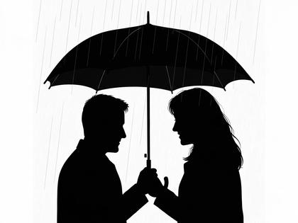 雨の日に一本の傘を二人でさす男女のシルエットイラスト