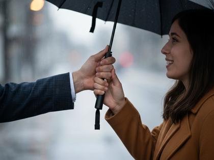 雨の中で女性に傘を差し出す男性の手元アップ