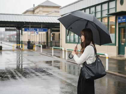 駅前で傘を広げる若い女性、雨に濡れたアスファルト