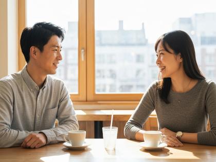 カフェで向かい合って微笑む男女のイメージ、自然光が差し込む明るい雰囲気