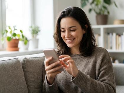 スマホでメッセージのやりとりを楽しそうに見つめる女性のイメージ
