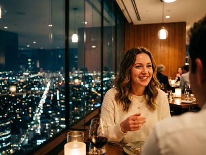 夜景の見えるレストランで笑顔で会話する女性のイメージ