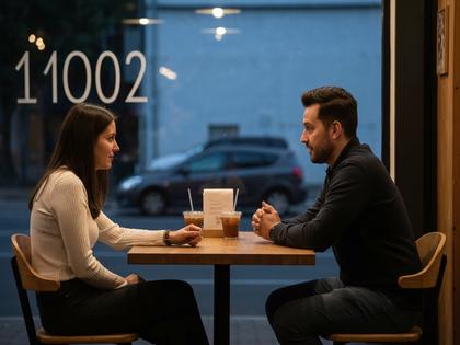 カフェで向かい合って話す男女、夕方の柔らかい光に包まれている様子