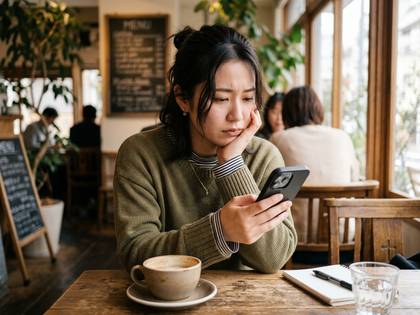 カフェでスマホを見ながら悩んでいる女性。