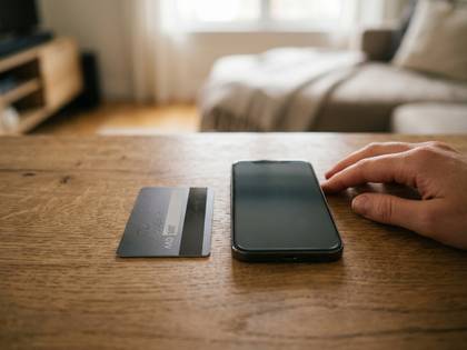 木製テーブルにスマートフォンとクレジットカード。オンラインショッピングの準備。