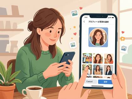 スマートフォンでプロフィール写真を選んでいる女性。