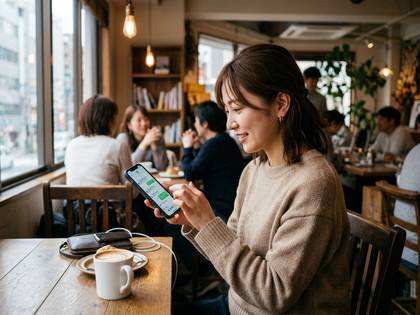 カフェでスマートフォンを操作し、微笑む女性。