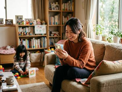 リビングで笑顔でスマホを見る女性と、床で遊ぶ娘。