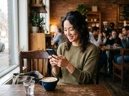 カフェの窓際でスマートフォンを笑顔で操作する女性。