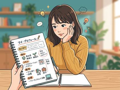 「マイ・プロフィール」ノートに自己分析や目標を書き込む女性。