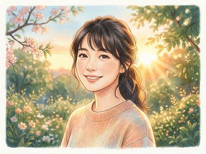 陽光と桜が美しい春の風景で微笑む女性の、優しい水彩画。