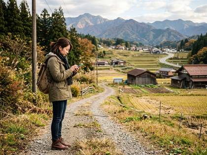 日本の棚田と山村を背景に、スマホを使う女性。 (30文字)