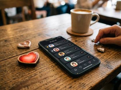 木製テーブルに、スマホのランキング画面、コーヒー、ハートの置物、そして人の手。