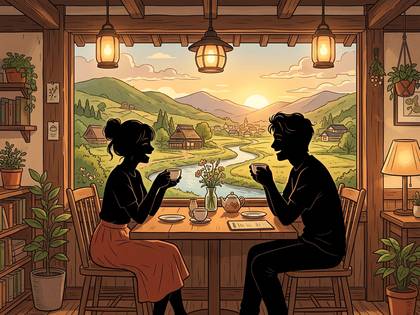 夕日を背景に、窓辺で向き合いティータイムを楽しむ男女のシルエット。