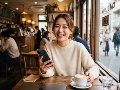 カフェの窓際で笑顔の女性がスマホを持つ。