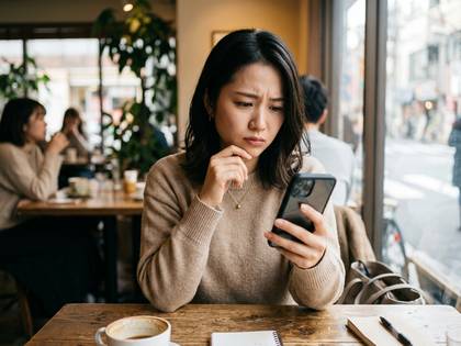 カフェでスマートフォンを操作し、考え込む女性。