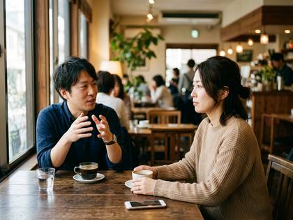 カフェの窓際で、飲み物を手に穏やかに語り合う男女。