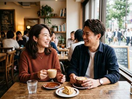 カフェで笑顔で談笑しながらコーヒーを楽しむ男女。