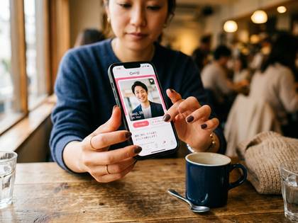 カフェで女性がスマホの出会い系アプリを操作する。