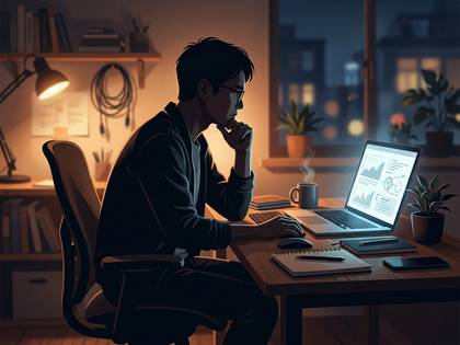夜、デスクでノートPCを見つめ、集中して考える男性。