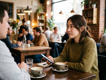 カフェでコーヒーを飲みながらスマホを操作する女性と男性。