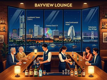 ベイビューラウンジで夜景を背景にドリンクを楽しむ人々。