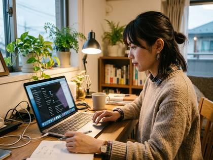 自宅のデスクでノートパソコンを操作し、集中して作業する女性。