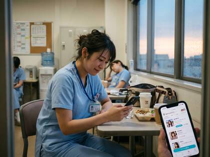 休憩中の医療従事者の女性がスマートフォンを操作している。