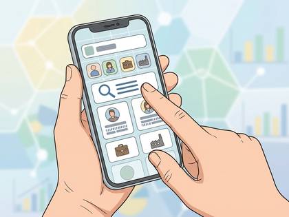 スマートフォンでビジネスアプリを操作する手。