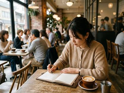カフェでコーヒーを前にノートに集中する女性。