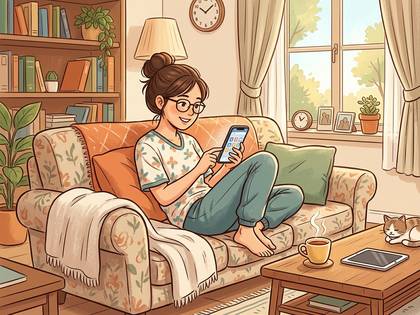 ソファでスマートフォンを操作する女性のイラスト。