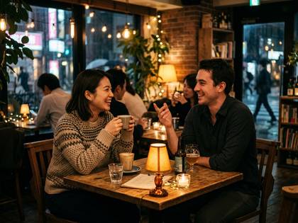 温かい雰囲気のカフェで、笑顔で談笑する男女。