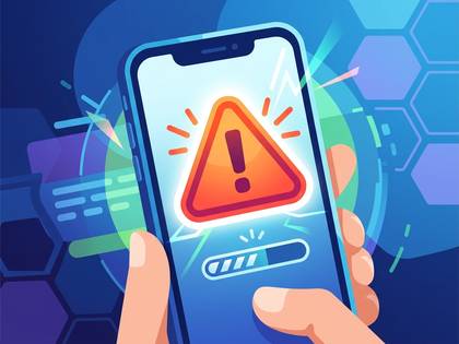 スマートフォン画面に警告と進行中の表示。デジタルサービスのトラブルを示すイラスト。