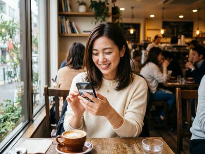 カフェの窓際で、笑顔の女性がスマートフォンを操作し、コーヒーを楽しんでいる。