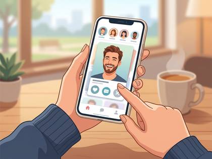 スマホで出会い系アプリを操作する手。
