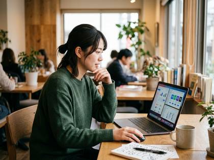 カフェで緑のセーターの女性がノートパソコンで作業中。