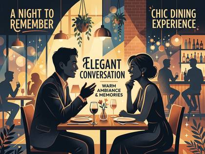 シックなレストランでエレガントな会話を楽しむカップルの夜。