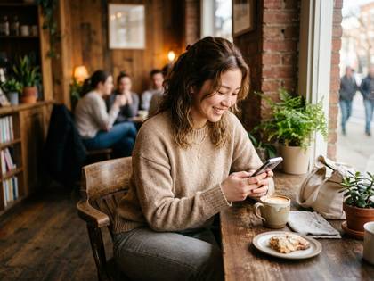 カフェの窓際でスマホを操作する笑顔の女性。
