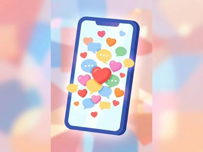 スマホ画面から飛び出すカラフルなハートと吹き出しのイラスト。