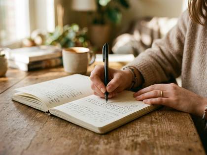 木製のテーブルの上でノートに文字を書き込む女性の手元。