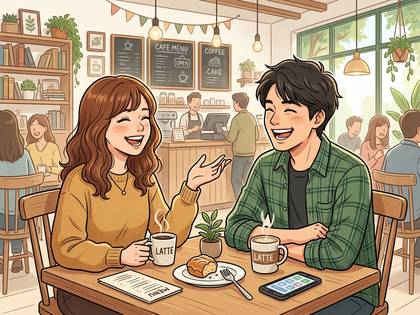 カフェで笑顔で談笑する男女。