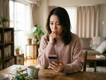 心配そうな顔でスマートフォンを見つめる女性。