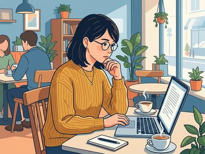 カフェでノートパソコンに向かい作業する眼鏡の女性。観葉植物が多い店内。